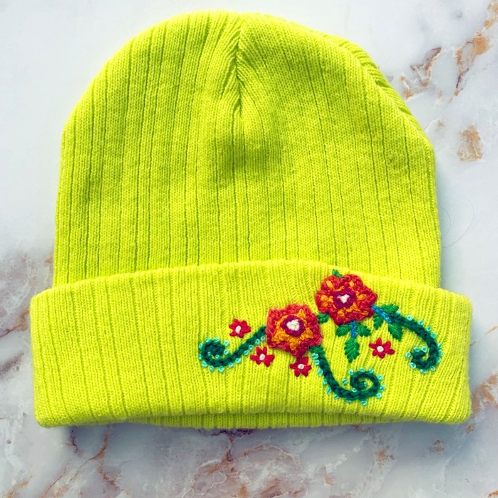 Fluorescent Yellow/Green Neon Lime Hand Embroidered Winter Hat Floral Beanie